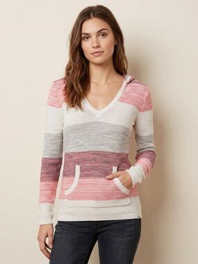 Roxy Striped Pink and Cream V-Neck Hooded Sweater